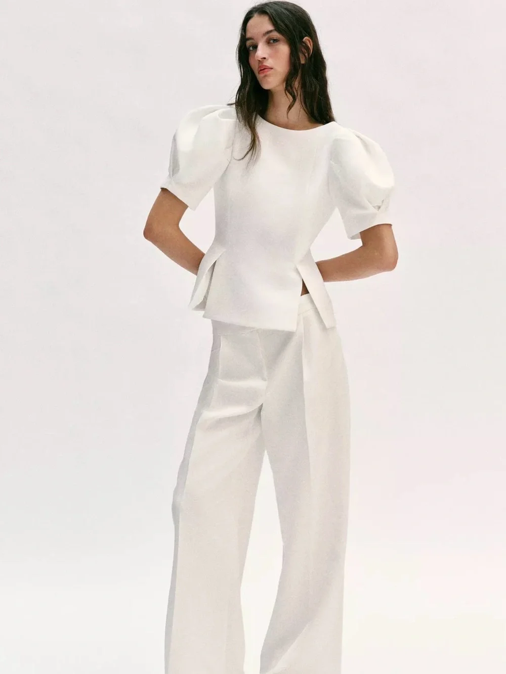 Zara White Puff Sleeve Crewneck Top
